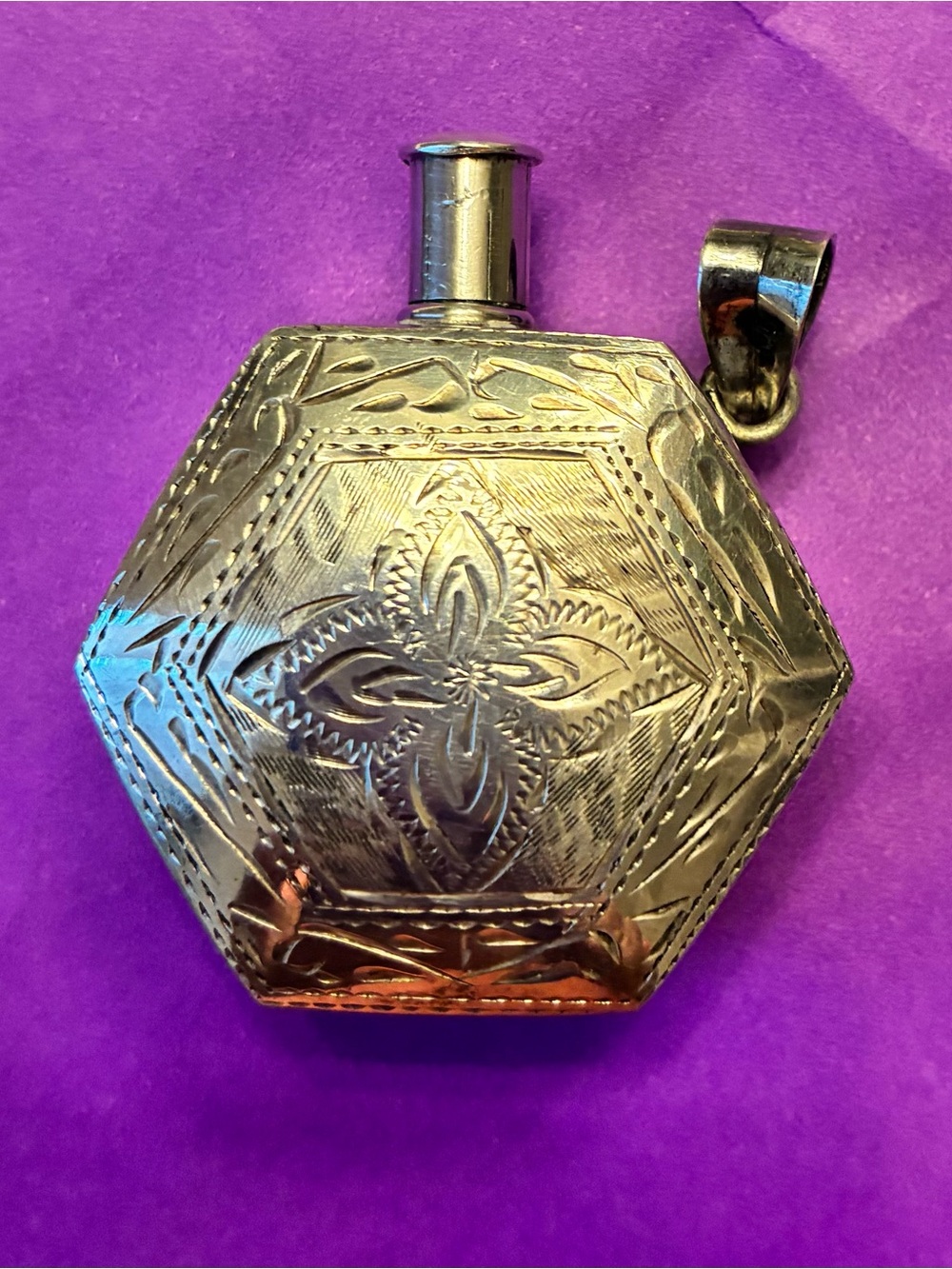 Antique Sterling Silver Perfume Bottle Engraved Hexagonal Pendant